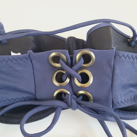 Yandy Navy Blue Bandeau Bikini Top With Halter Strap & Lace-Up Back - Picture 3 of 13